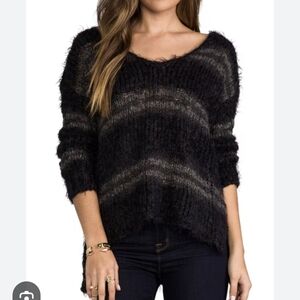 Free People Linus Stripe Pullover Black Gray Knit V Neck Sweater M